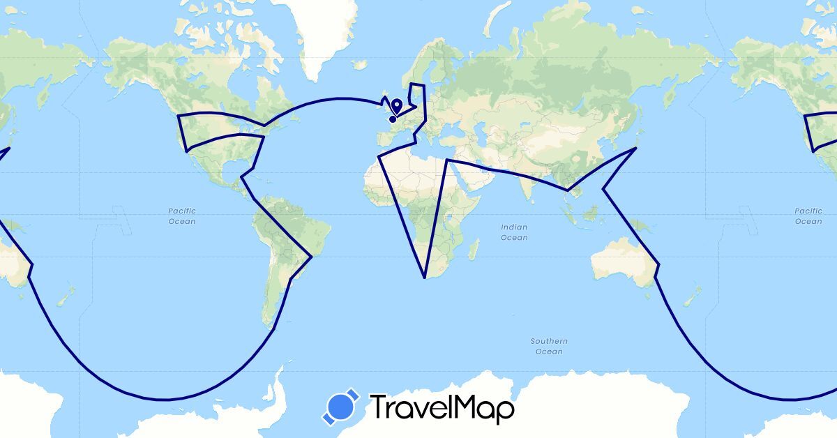 TravelMap itinerary: driving in United Arab Emirates, Argentina, Australia, Brazil, Canada, Germany, Denmark, Egypt, France, United Kingdom, Hungary, Ireland, Italy, Japan, Morocco, Mexico, Norway, Panama, Philippines, Sweden, Thailand, United States, South Africa (Africa, Asia, Europe, North America, Oceania, South America)